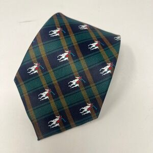 Rene Chagal Mens Hand Made Polo Rider Plaid Silk Tie Navy Green Gold